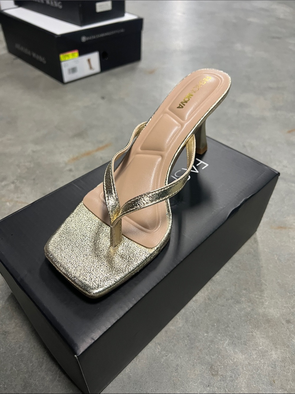 Gold Metallic Square-Toe Thong Heel Sandal